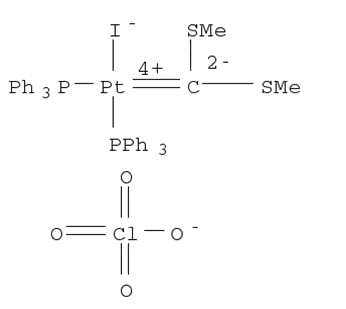 Molecular Structure of 62379-40-2 (Platinum(1+), [bis(methylthio)methylene]iodobis(triphenylphosphine)-,perchlorate)